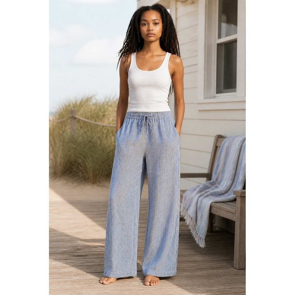 Talbots linen Pants 16P Blue White Striped Wide-Leg Drawstring Pockets coastal